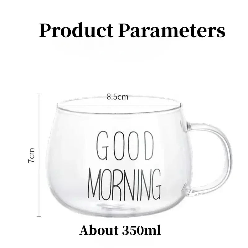 350ml Transparent Letter-Printed Glass Mug – Heat-Resistant Borosilicate Coffee, Tea, or Milk Cup with Handle