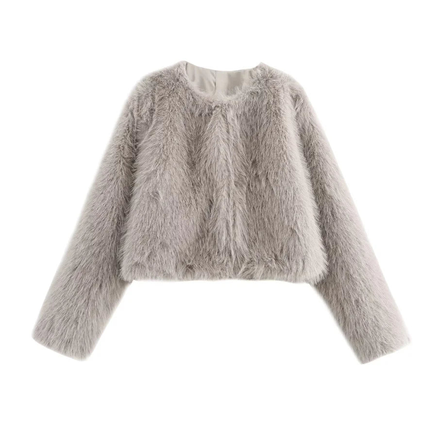Women's Faux Fur Short Jacket – Round Neck Button-Up Coat for Autumn/Winter