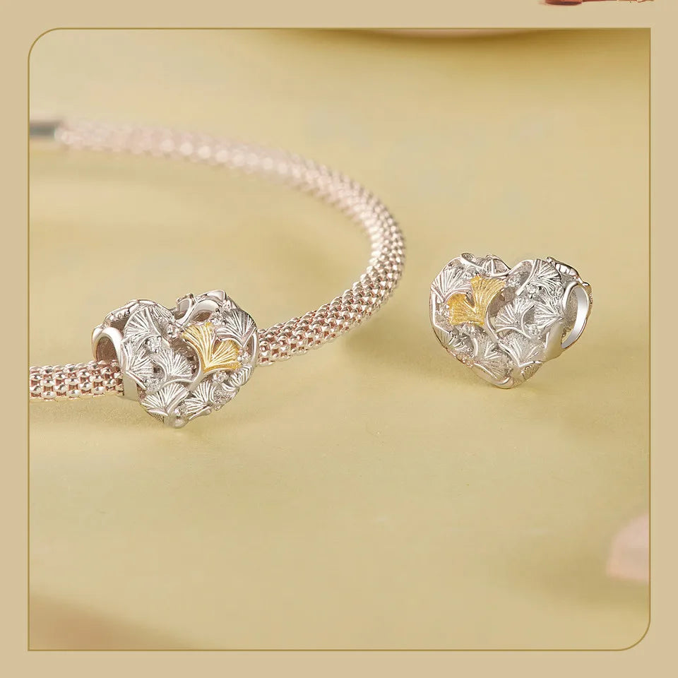 925 Sterling Silver Ginkgo Leaf and Butterfly Heart Charm – Autumn Collection Bead with Zircon for DIY Bracelets