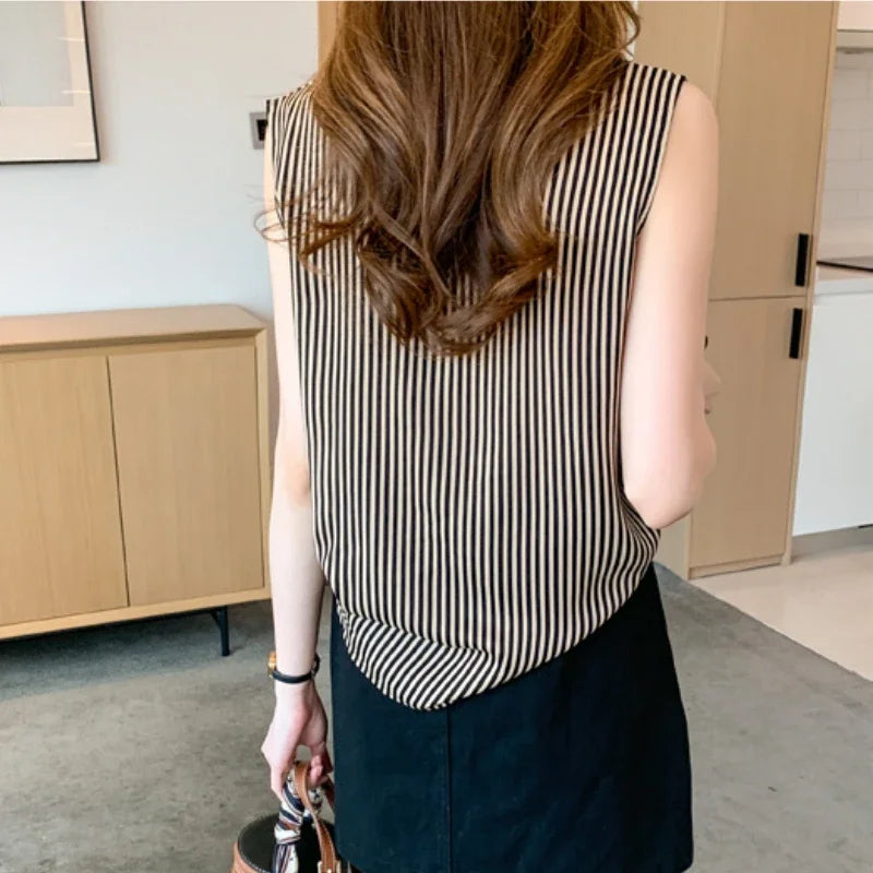 Striped Sleeveless V-Neck Blouse for Women – Slim Fit Chiffon Office Shirt, Elegant Summer Fashion