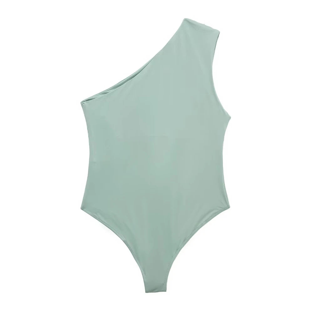 Asymmetric One-Shoulder Bodysuit with Ruched Detail and Snap Closure – Sexy Wide-Strap Clubwear for Women