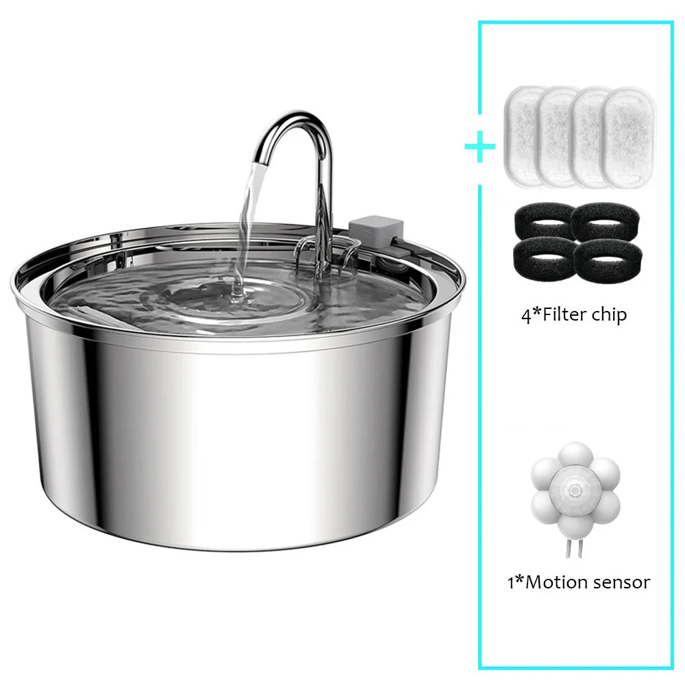 3L Stainless Steel Pet Water Fountain – USB Quiet Smart Automatic Drinking Bowl with Dual Filter for Cats & Dogs