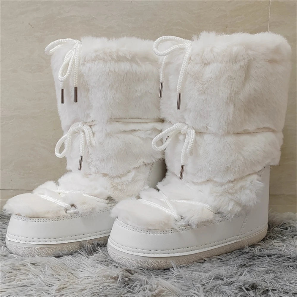 Women's Mid-Calf Snow Boots with Faux Rabbit Fur – Waterproof Winter Platform Ski Boots