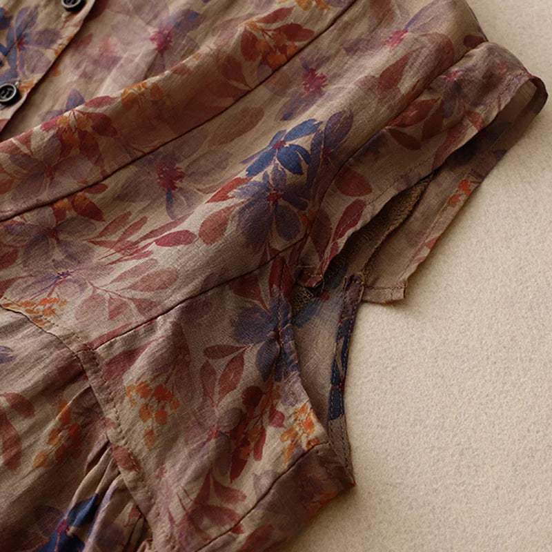 Vintage Floral Linen Blend Sleeveless Blouse – O-Neck Button-Front Spring Top for Women