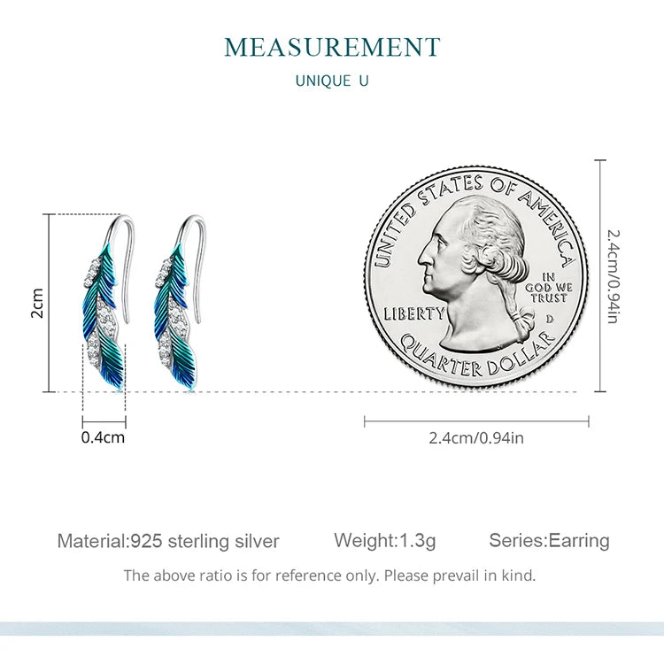 925 Sterling Silver Blue Feather Drop Earrings with CZ – Elegant Gift for Women