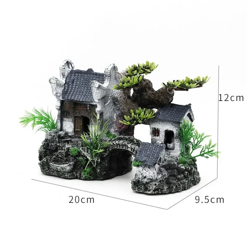 Ancient-Style Resin Landscape House Aquarium Decoration – Simulation Fish Tank Ornament for Aquascaping and Tank Design (299g / 335g)