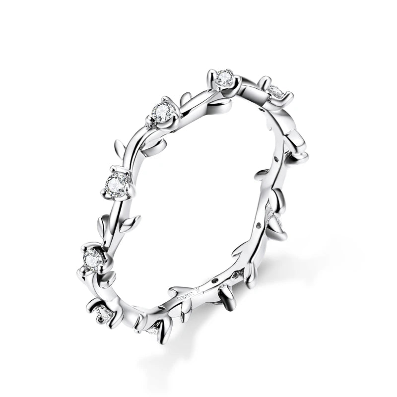 Sterling Silver Stackable Flower Branch Vine Ring – CZ Statement Band for Women