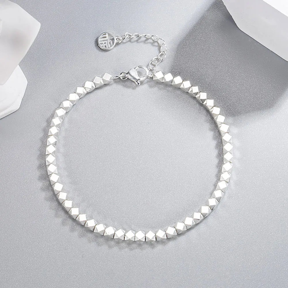 925 Sterling Silver Geometric Irregular Bead Chain Bracelet – Elegant Charm Jewelry for Women’s Party or Wedding Look