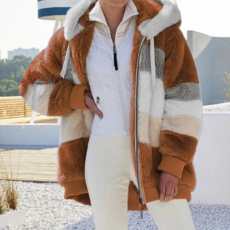 Women's Oversized Plush Hooded Jacket – Warm Loose Fit Zip-Up Streetwear Outerwear with Pockets