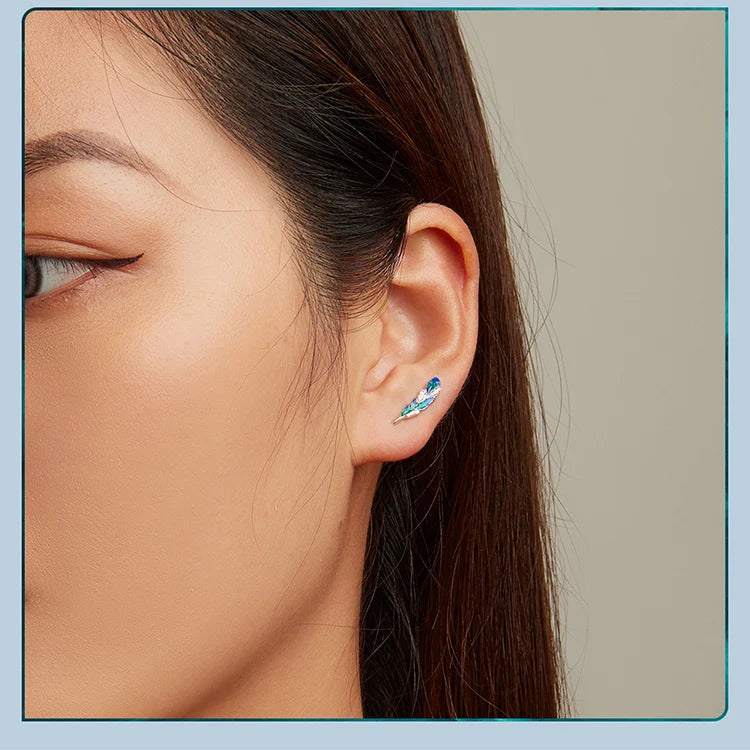 925 Sterling Silver Blue Feather Drop Earrings with CZ – Elegant Gift for Women
