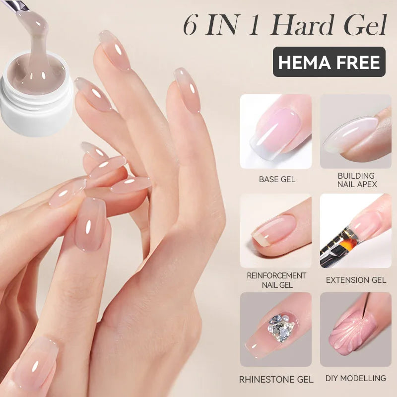 6-in-1 HEMA-Free Hard Gel Nail Polish – Clear Self-Leveling Nail Extension & Reinforcement Builder Gel (8ml)
