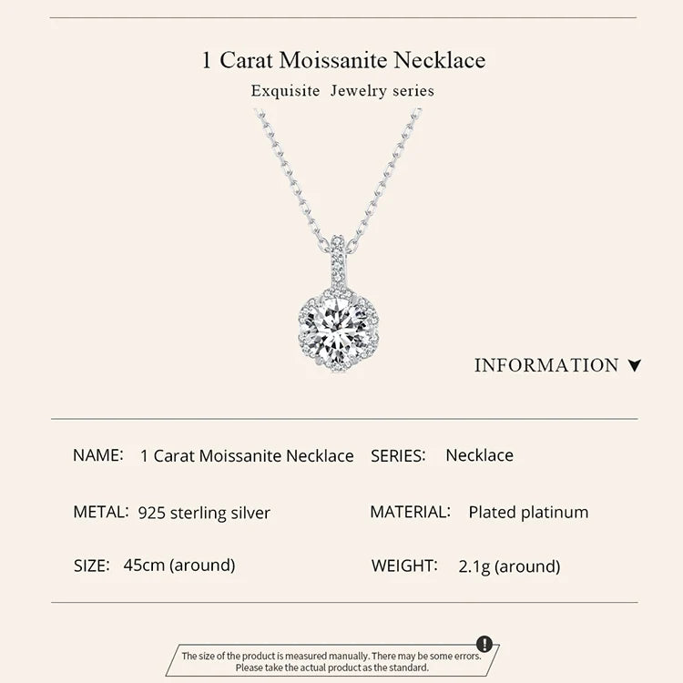 1 Carat Round Brilliant Moissanite Pendant Necklace – 925 Sterling Silver Floral Cut, 45cm Link Chain
