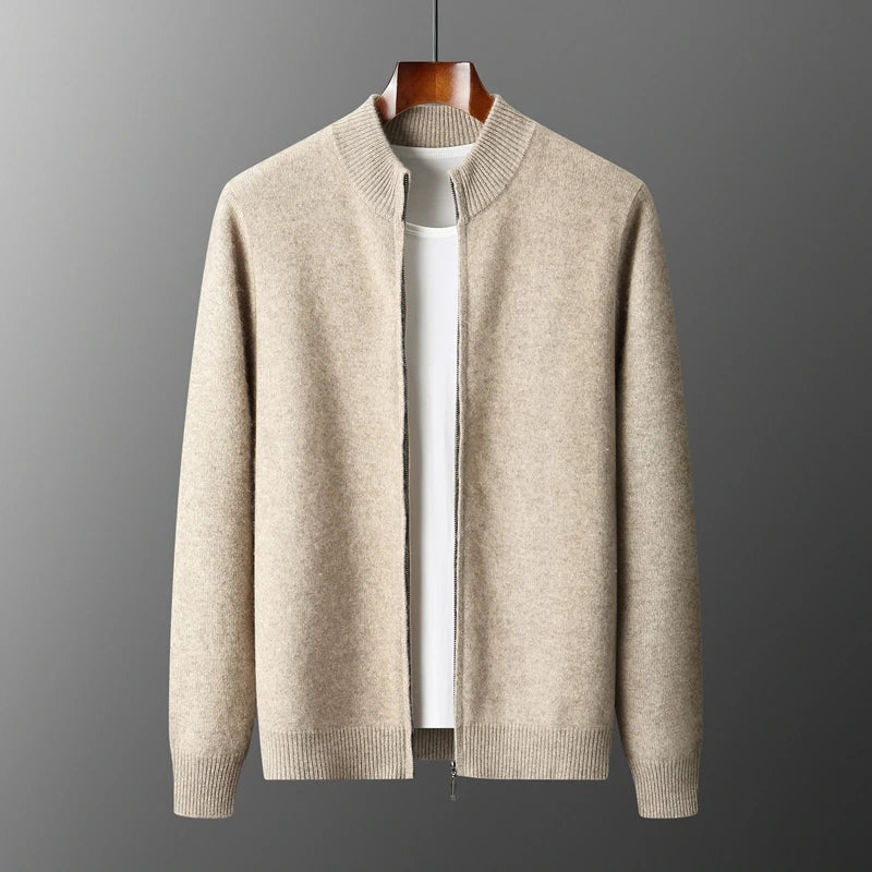 100% Merino Wool Men’s Zip Cardigan – Thick Warm Knitted Sweater with Mock Collar, Long Sleeve Casual Wool Top for Autumn & Winter