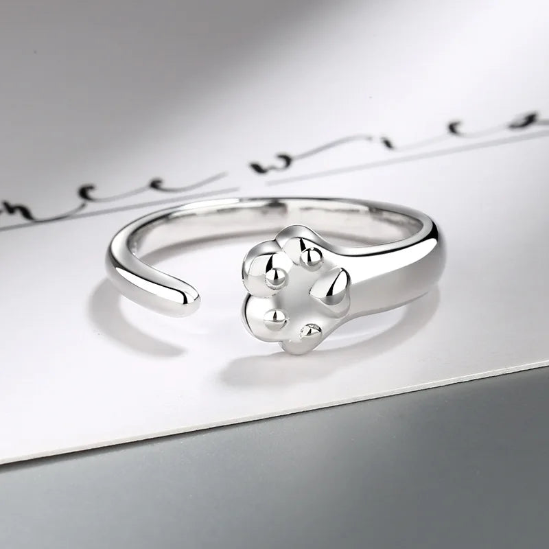 925 Sterling Silver Adjustable Cat Paw Ring for Women – Trendy Animal-Inspired Open Ring for Everyday or Party Wear