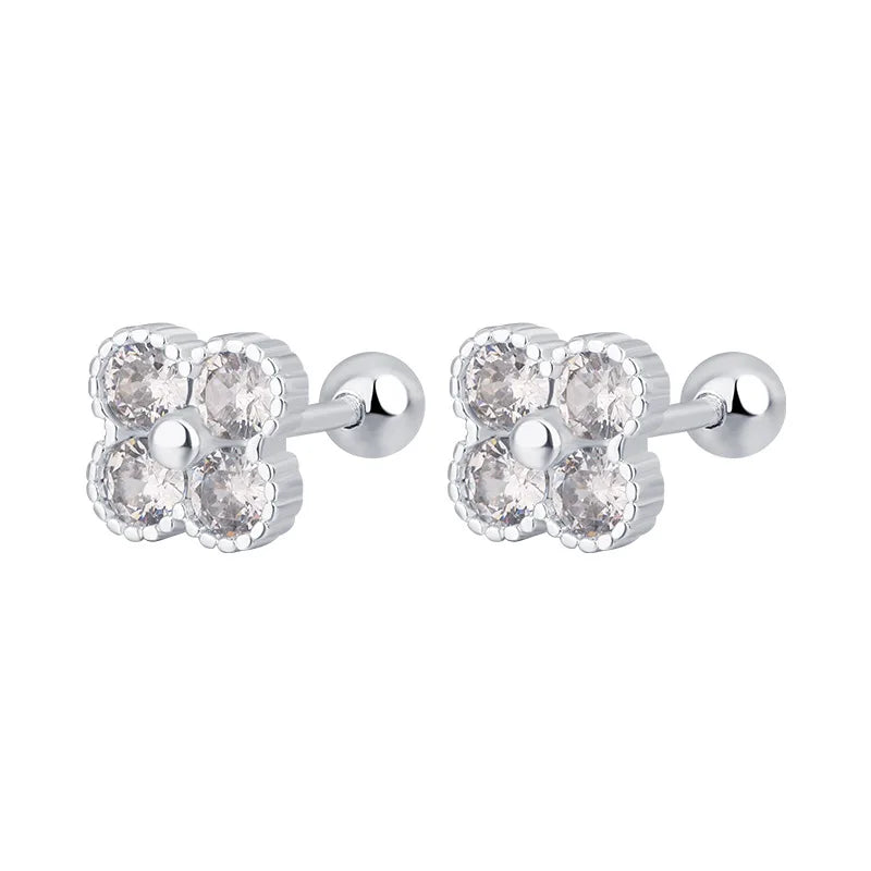 925 Sterling Silver Four-Round Zircon Stud Earrings for Women – Elegant Small Geometric Crystal Earrings for Party and Daily Wear