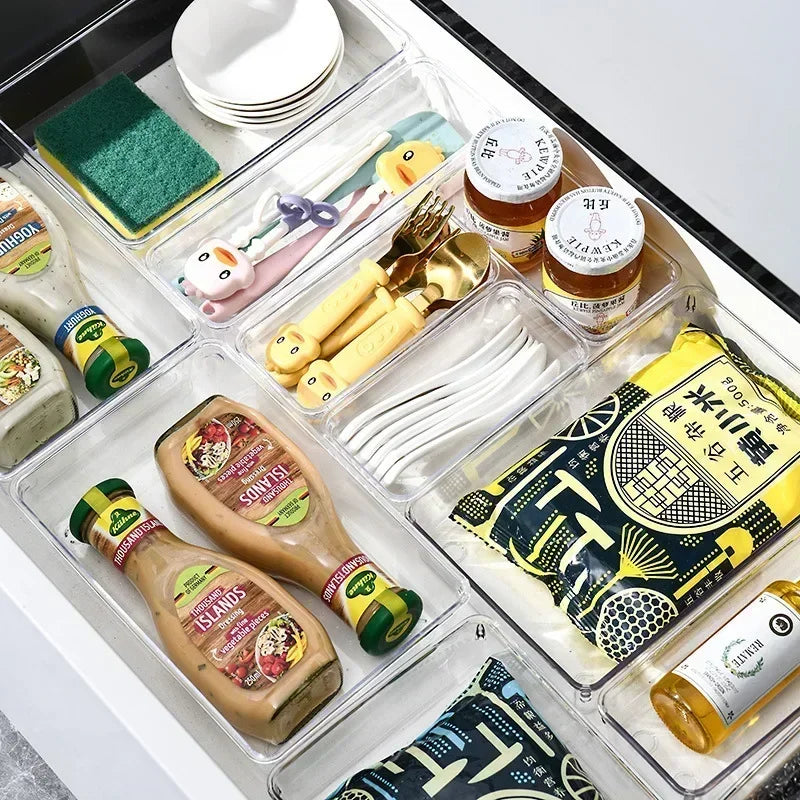 Clear Drawer Organizer Set – 7/14-Piece Plastic Tray Dividers in 4 Sizes for Makeup, Kitchen & Office Storage