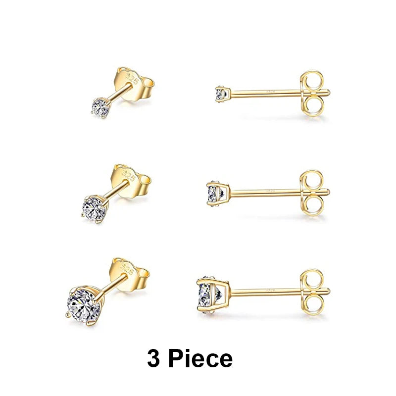 925 Sterling Silver 3-Piece Stud Earrings Set for Women – 18K Gold-Plated, Irregular Mini Design Fine Jewelry