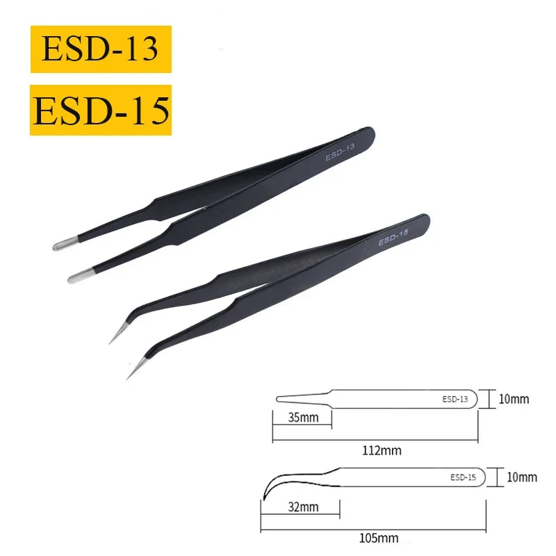 2/6PCS Anti-Static Precision Tweezers Set – Stainless Steel ESD Tweezers for Electronics, Soldering, Crafting, and Jewelry Repair