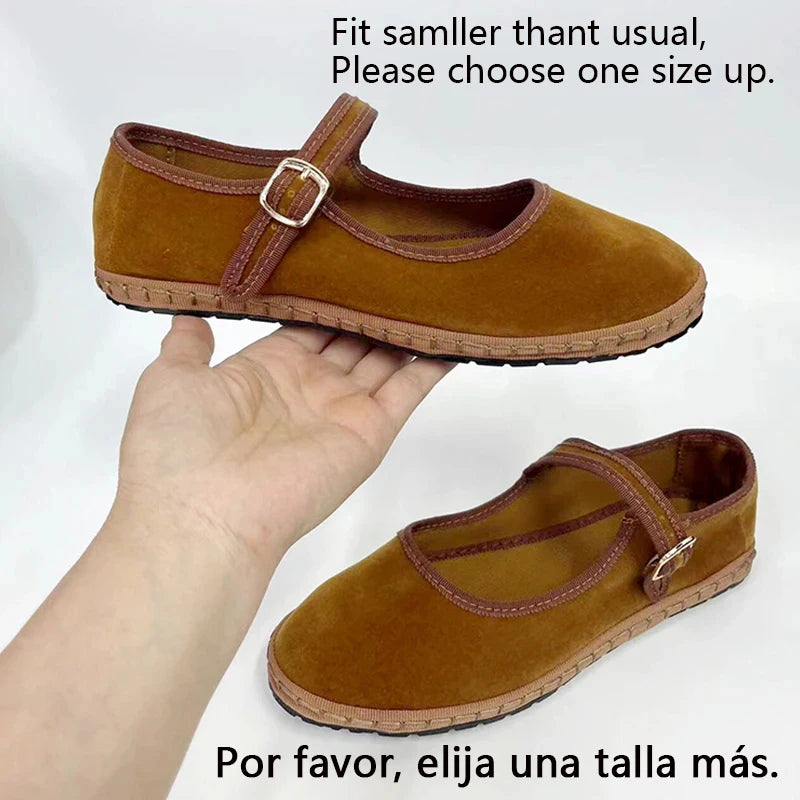 Velvet Canvas Mary Jane Flats – Hand-Stitched Casual Ballet Shoes for Women