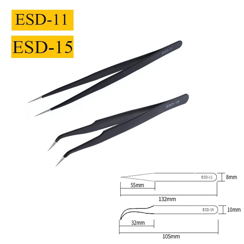 2/6PCS Anti-Static Precision Tweezers Set – Stainless Steel ESD Tweezers for Electronics, Soldering, Crafting, and Jewelry Repair