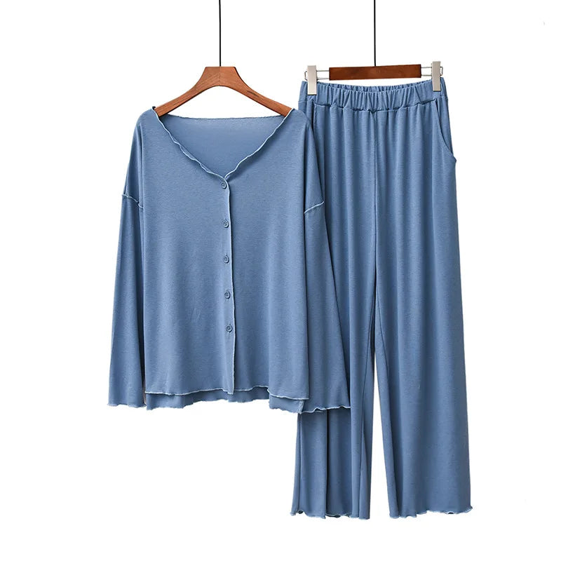 Women's 2-Piece Knit Pajama Set – Long Sleeve V-Neck Cardigan and Pants Loungewear for Winter and Spring Comfort
