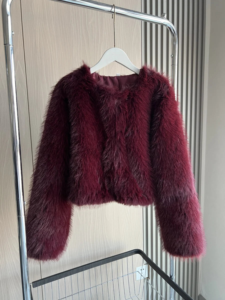 Women's Faux Fur Short Jacket – Round Neck Button-Up Coat for Autumn/Winter