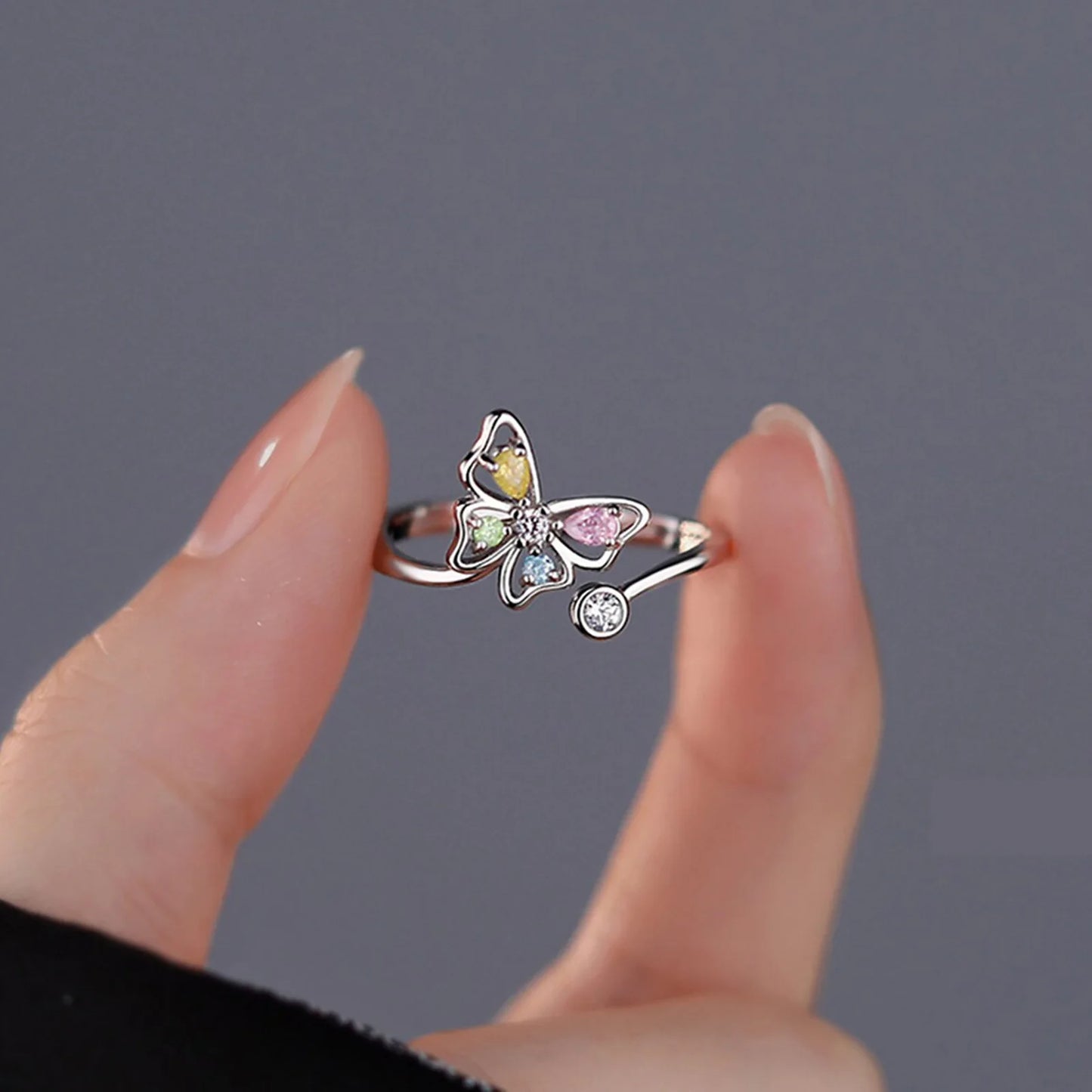 Vintage 925 Sterling Silver Adjustable Butterfly Ring with Zircon – Elegant Open Insect-Inspired Cocktail Ring for Women