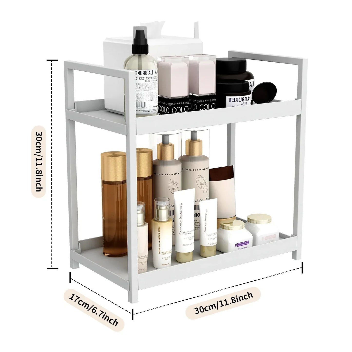 2-Tier Sliding Under Sink Organizer – Double-Layer Cabinet Basket Rack with Hooks and Hanging Cup for Kitchen or Bathroom