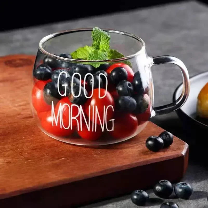 350ml Transparent Letter-Printed Glass Mug – Heat-Resistant Borosilicate Coffee, Tea, or Milk Cup with Handle