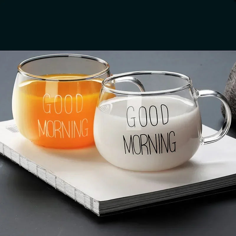 350ml Transparent Letter-Printed Glass Mug – Heat-Resistant Borosilicate Coffee, Tea, or Milk Cup with Handle