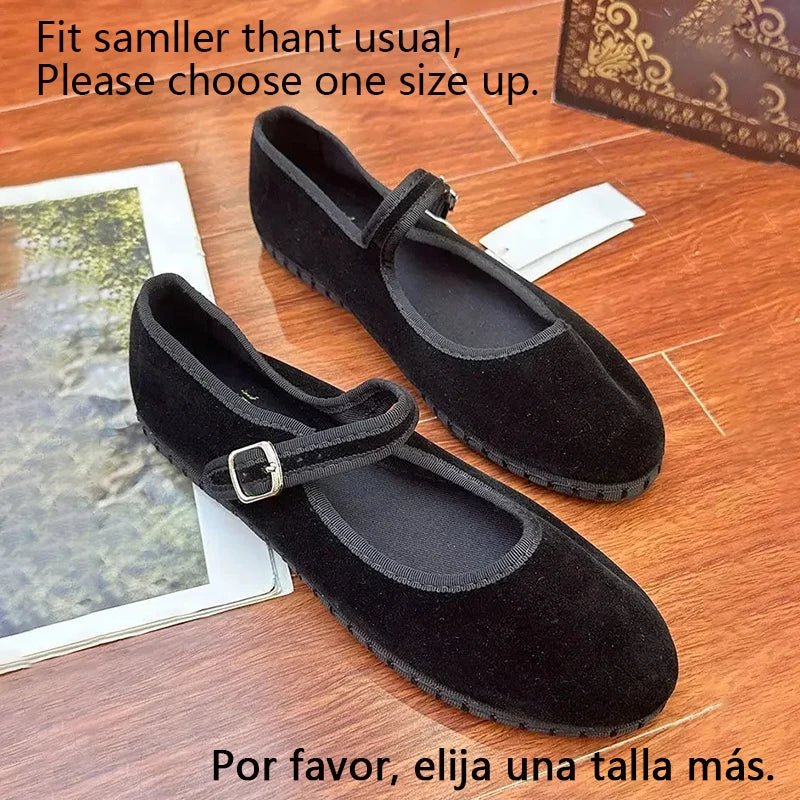 Velvet Canvas Mary Jane Flats – Hand-Stitched Casual Ballet Shoes for Women