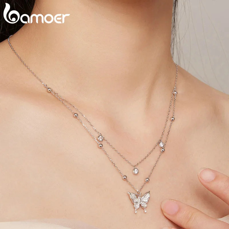 925 Sterling Silver Double-Layer Butterfly Tassel Pendant Necklace – Elegant Fine Jewelry for Women