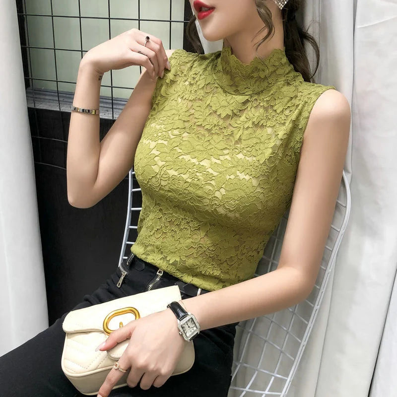 Versatile High Neck Lace Blouse – Elegant Slim Fit with Mock Neckline and Lace Trim