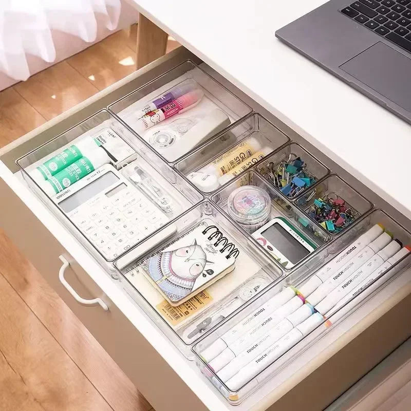 Clear Drawer Organizer Set – 7/14-Piece Plastic Tray Dividers in 4 Sizes for Makeup, Kitchen & Office Storage
