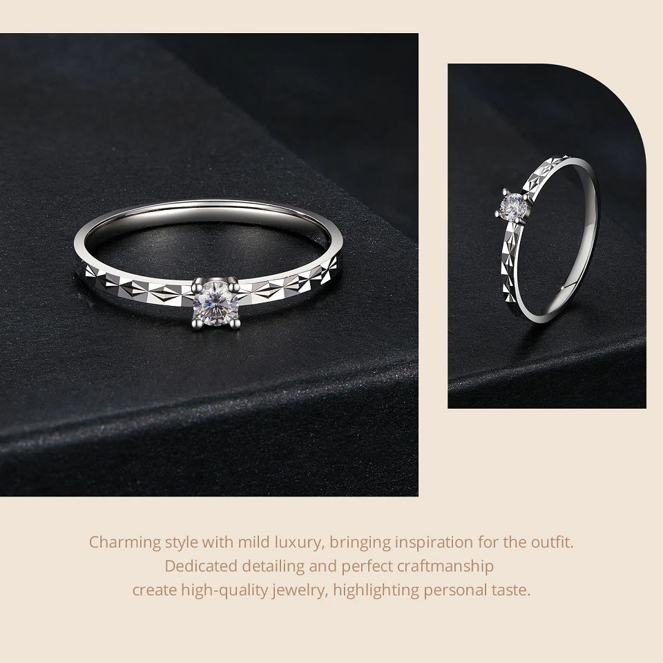 0.1 Carat Round Moissanite Engagement Ring – Prong Set Solitaire on 925 Sterling Silver with White Gold Plating for Women