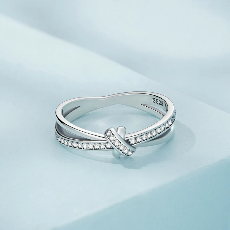 925 Sterling Silver Double Layer Knot Ring for Women – Stackable Cocktail Ring with Zircon Accents