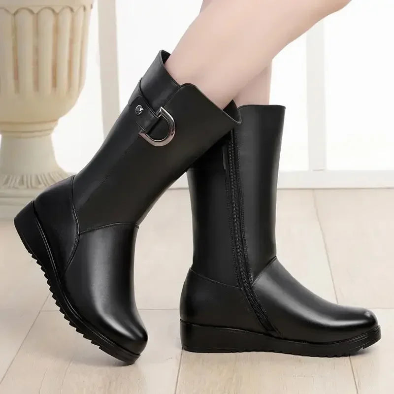 Women's Ankle Boots with Zipper and Thick Low Heel – PU Leather Punk Style Winter Shoes
