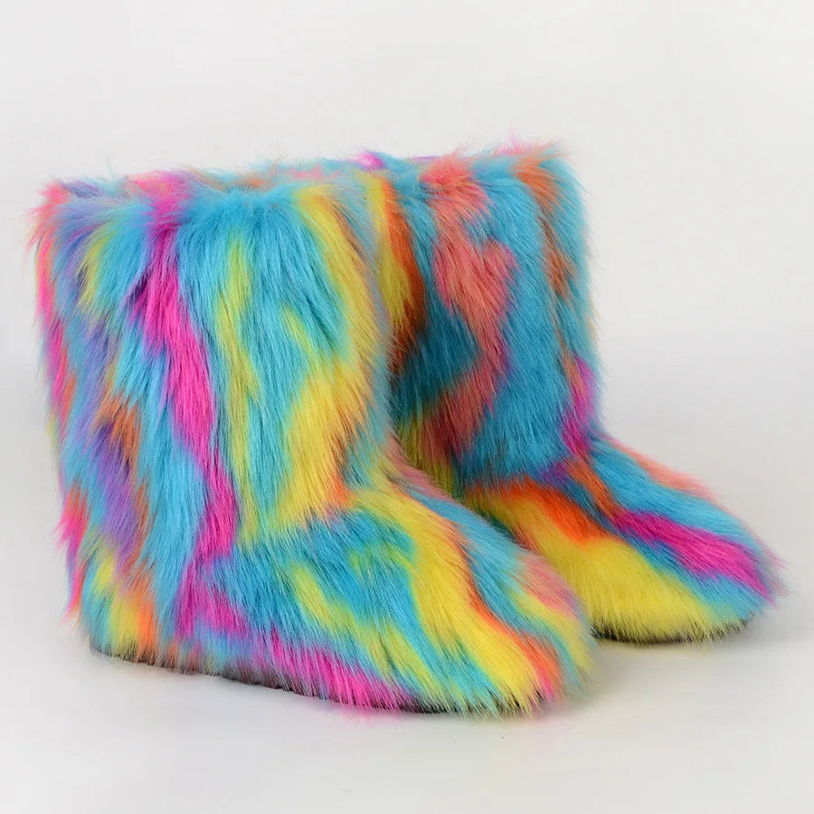 Women's Faux Fur Winter Snow Boots – Fluffy Plush Mid-Calf Slip-On Boots with Flat Sole for Cold Weather Comfort