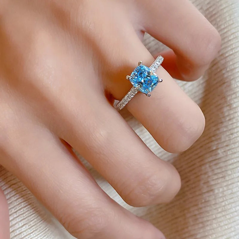 925 Sterling Silver Blue Square Zircon Cocktail Ring for Women – Trendy Geometric Statement Wedding Jewelry