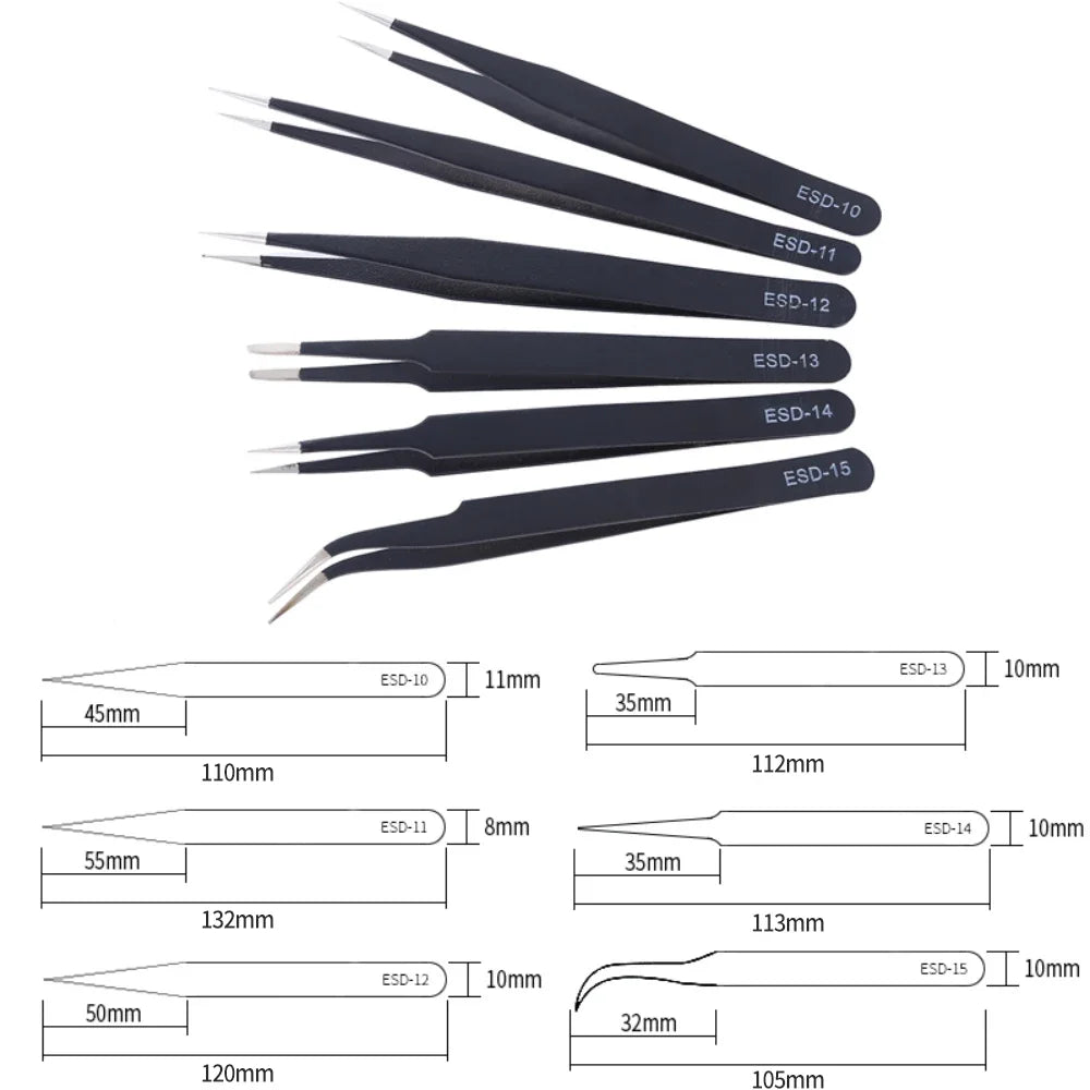 2/6PCS Anti-Static Precision Tweezers Set – Stainless Steel ESD Tweezers for Electronics, Soldering, Crafting, and Jewelry Repair