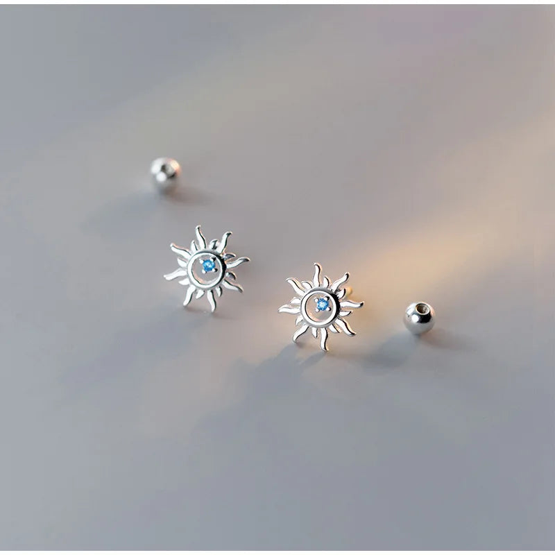 925 Sterling Silver Elegant Blue Zircon Sunburst Stud Earrings for Women – Dainty Crystal Star Earrings for Piercing, Party, and Everyday Wear