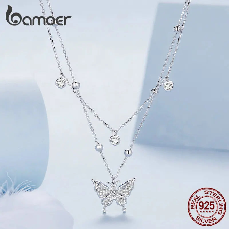 925 Sterling Silver Double-Layer Butterfly Tassel Pendant Necklace – Elegant Fine Jewelry for Women