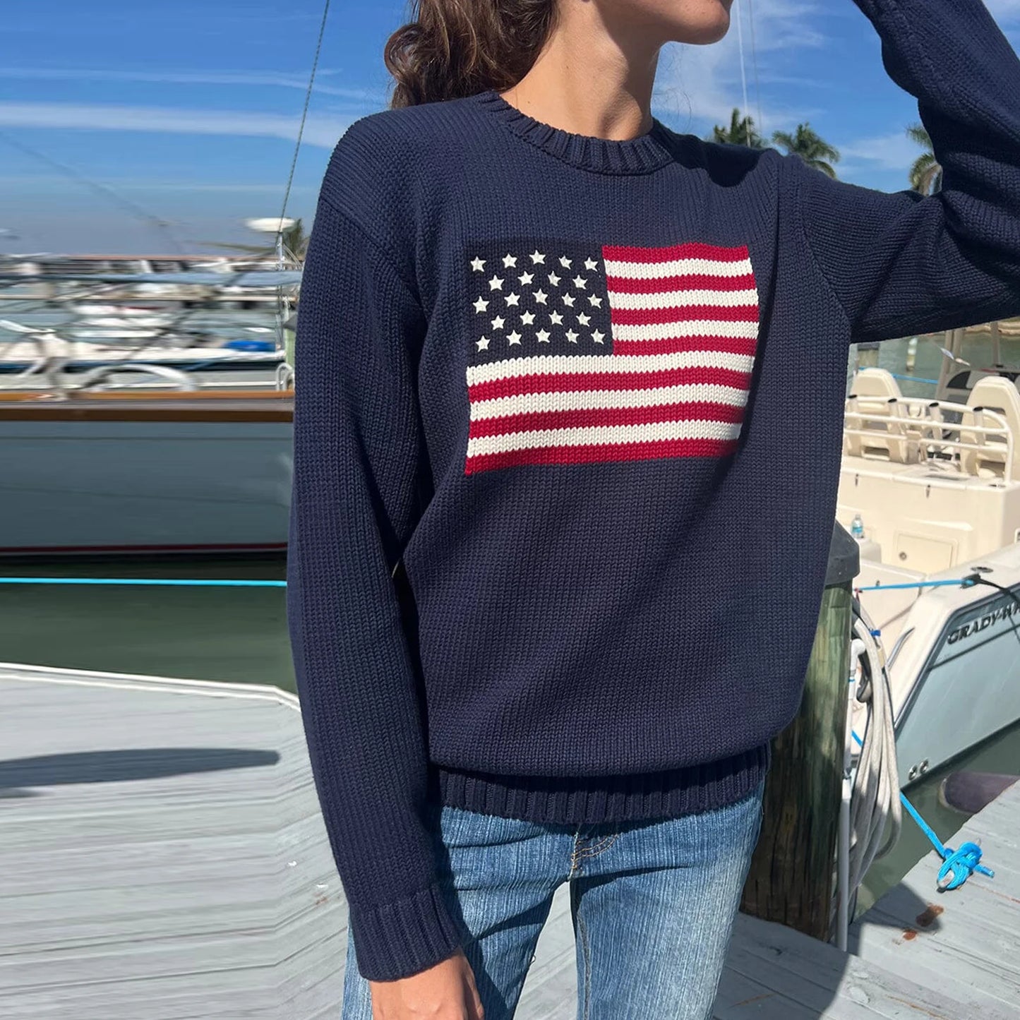 Women's American Flag Knit Sweater – Long Sleeve Crew Neck Loose Fit Pullover for Autumn Winter Casual High Street Style