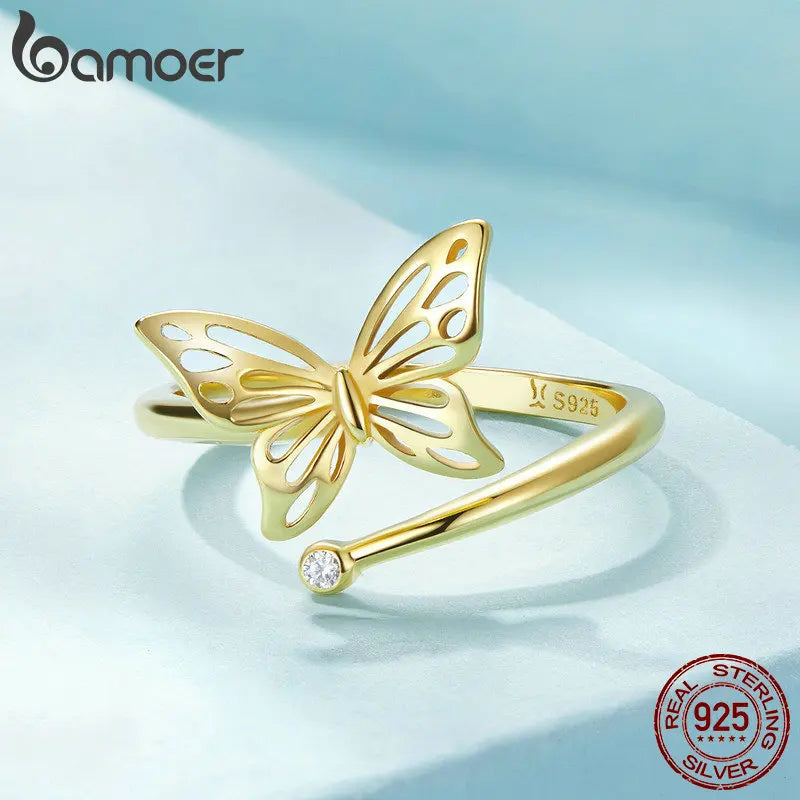 925 Sterling Silver Adjustable Butterfly Ring for Women – 14K Gold Plated Cocktail Ring in 2 Colors
