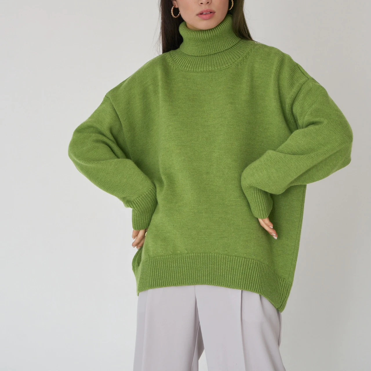 Women's Oversized Turtleneck Sweater – Thick Knit Casual Pullover for Autumn Winter