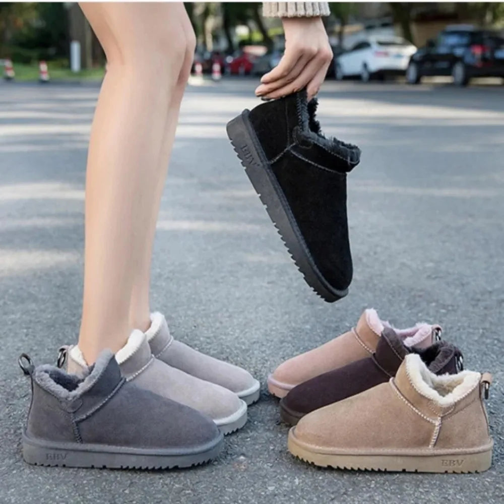 Women's Cow Suede Snow Boots – Short Plush Lined Mid-Calf Winter Boots with Anti-Slip Sole