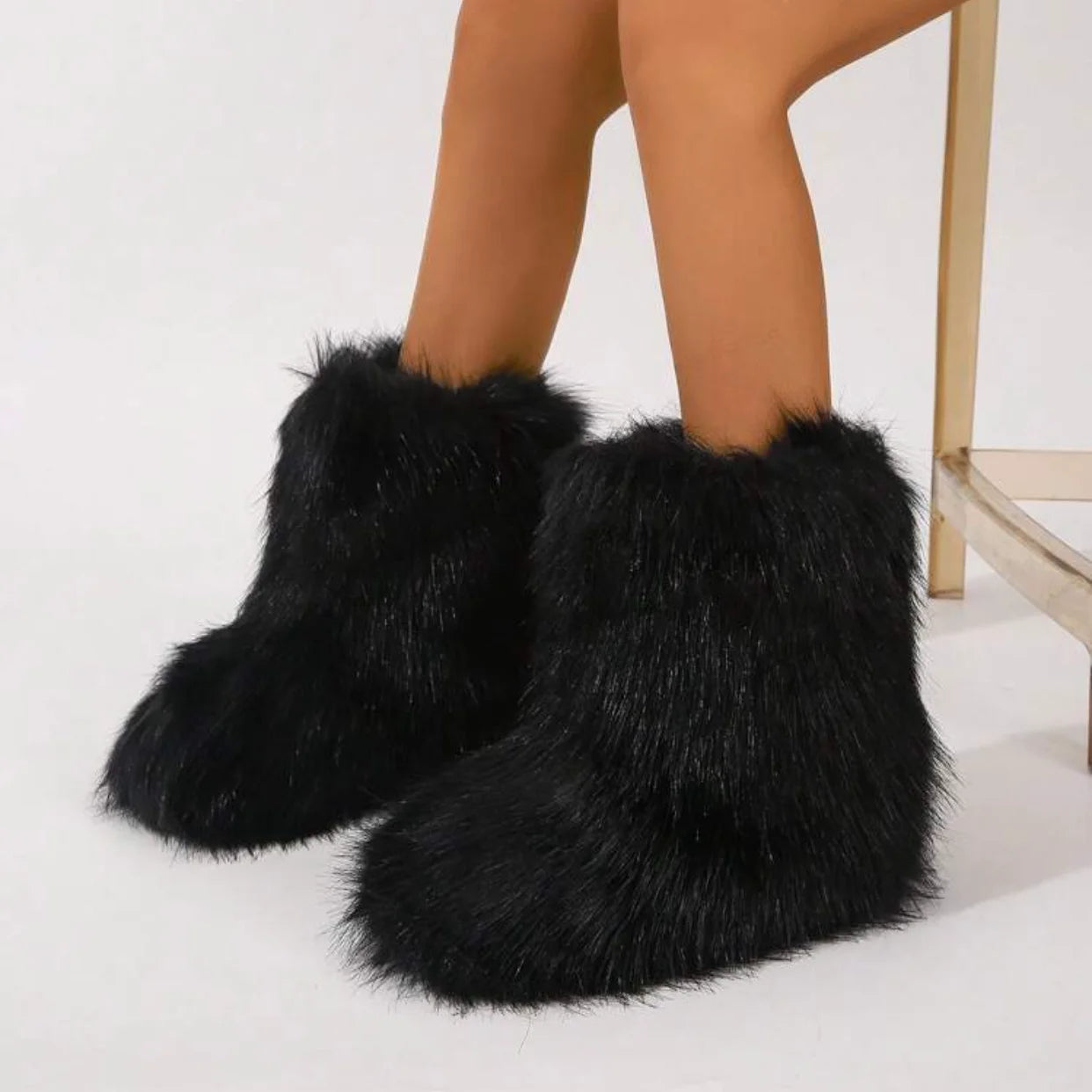 Women's Faux Fur Winter Snow Boots – Fluffy Plush Mid-Calf Slip-On Boots with Flat Sole for Cold Weather Comfort