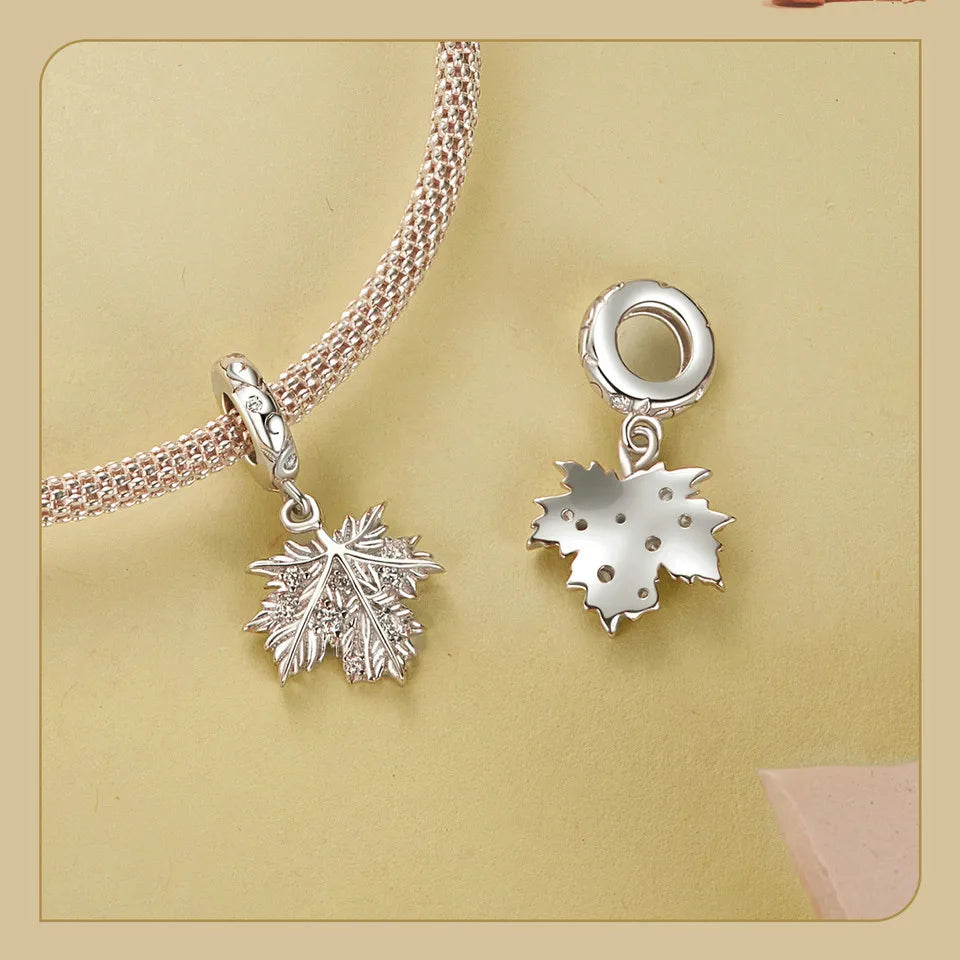 925 Sterling Silver Ginkgo Leaf and Butterfly Heart Charm – Autumn Collection Bead with Zircon for DIY Bracelets