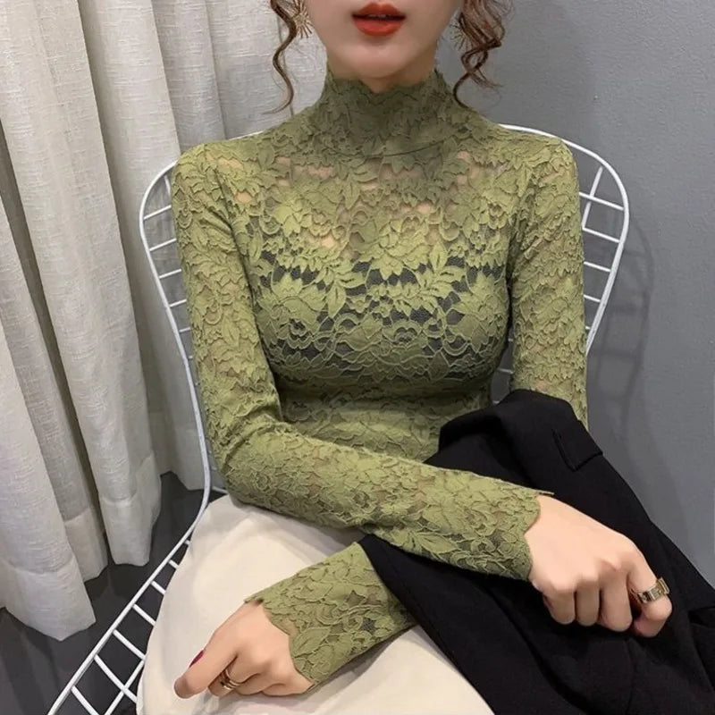 Versatile High Neck Lace Blouse – Elegant Slim Fit with Mock Neckline and Lace Trim