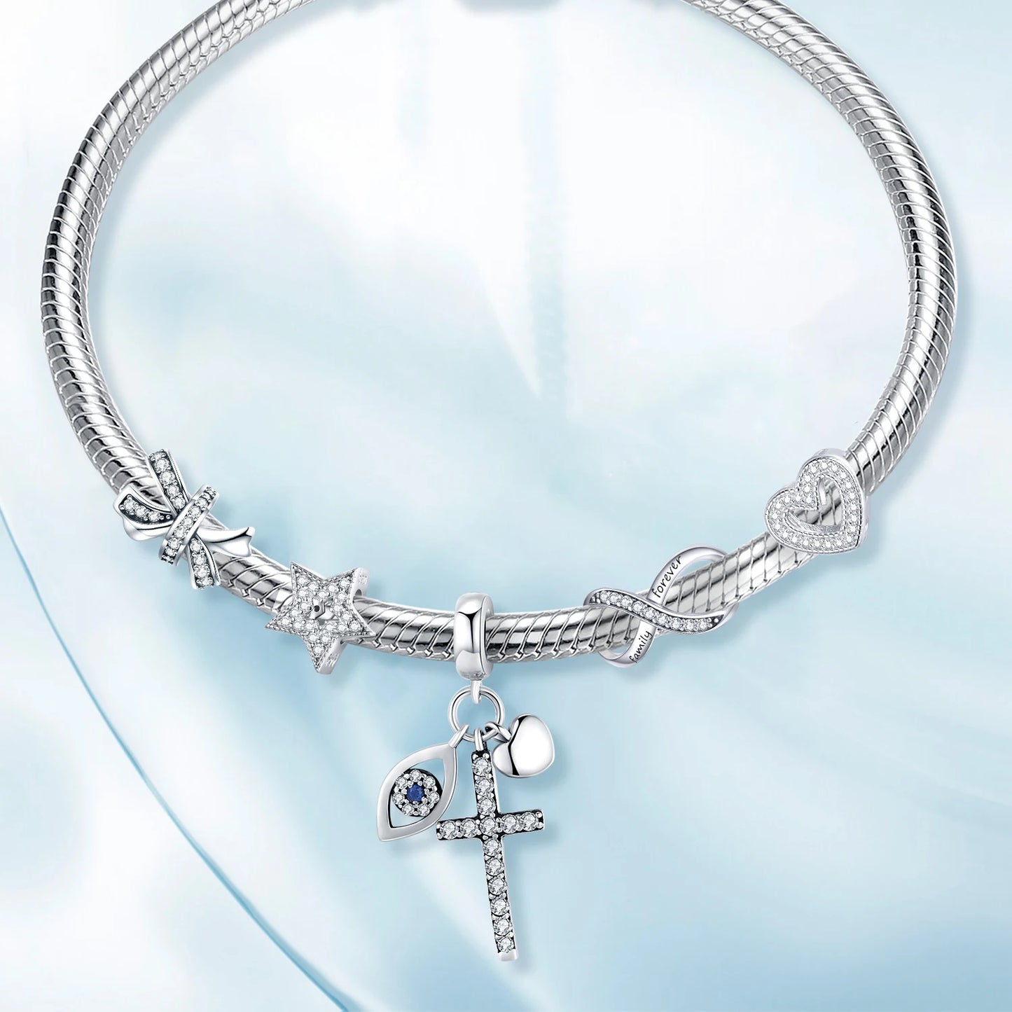 925 Sterling Silver Family Heart Cross Charm – Clear 5A Crystal Bead for Bracelets & Necklaces